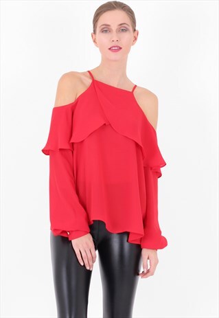 RED COLD SHOULDER RUFFLED TOP