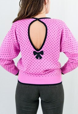 Oversized pink sweater 80s/90s keyhole back bows vintage M/L