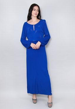 70's Fink Modell Dress Blue Long Sleeve Ladies Maxi Diamante