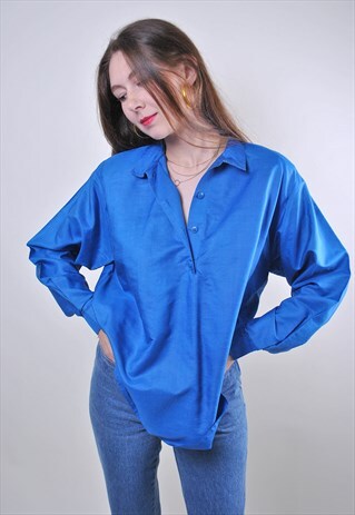 80S BLUE LONG SLEEVE WOMEN MINIMALIST BLOUSE FOR WORK