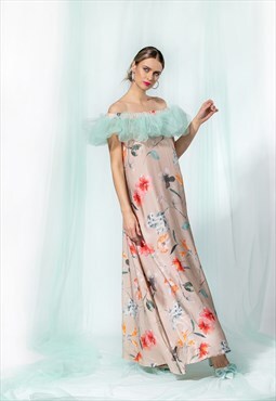 Ruffle Tulle Maxi Dress in Floral Pattern