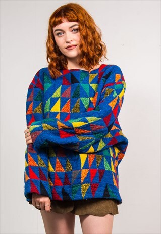 VINTAGE 90'S COLOURFUL TRIANGLE PATTERN GRUNGE JUMPER