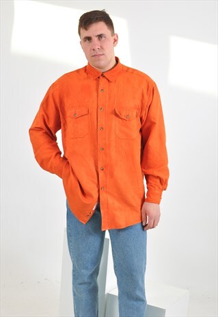 VINTAGE FAUX SUEDE LEATHER LONG SLEEVE SHIRT IN ORANGE