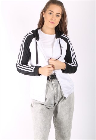 VINTAGE 90S ADIDAS TRACK JACKET WITH HOOD IN WHITE AND BLACK