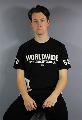 VINTAGE STUSSY WORLDWIDE T SHIRT IN BLACK WITH PRINTED LOGO