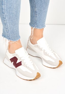 Flexi Two-Tone PU Detail Lace-up Trainers in White / Red