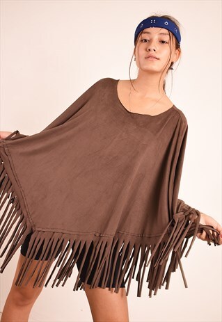 90S RETRO BOHO CAPE PONCHO JACKET IN BROWN FAUX SUEDE