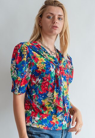 VINTAGE 80S MULTICOLOR FLORAL BLOUSE WITH PUFFER SLEEVE