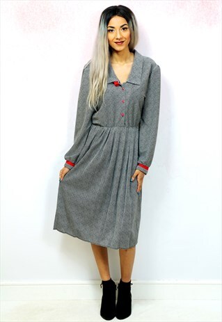 1980S VINTAGE BLACK AND WHITE POLKA DOT MIDI DRESS WITH RED