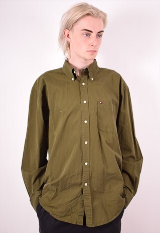 TOMMY HILFIGER MENS VINTAGE SHIRT XL GREEN 90S