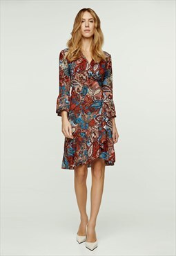 Paisley Print Viscose Wrap Dress with Bell Sleeves