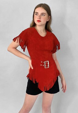 70's Vintage Ladies Red Suede Fringed Tunic Top