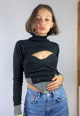 Set: Black Corset Top and Cropped Turtleneck Jumper Upcycled