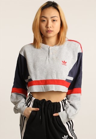 VINTAGE ADIDAS EMBROIDERED LOGO BUTTON UP CROPPED SWEATSHIRT