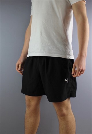 VINTAGE PUMA SHORTS IN BLACK WITH POCKETS, EMBROIDERED LOGO