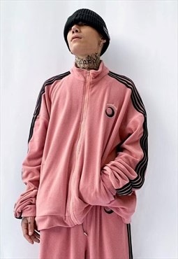 Soft fleece track top fluorescent three stripe jacket pink