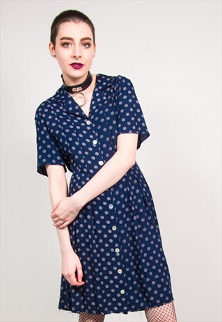 VINTAGE 90'S NAVY BLUE FLORAL PATTERN DRESS