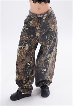 Boho jeans floral print denim trousers retro pattern pants
