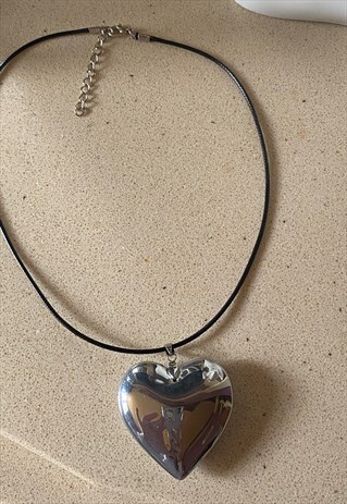 LARGE SILVER PUFF HEART PENDANT NECKLACE