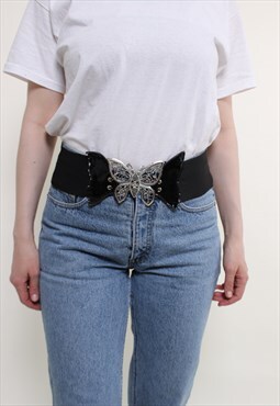 Vintage 90s elastic belt, black women belt with butterfly 