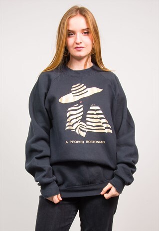VINTAGE 90'S BLACK GOLDEN WOMAN PRINT USA BOSTON SWEATSHIRT