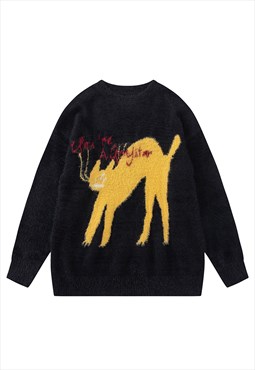  Cat print black yellow knitted kidcore jumper fluffy top 