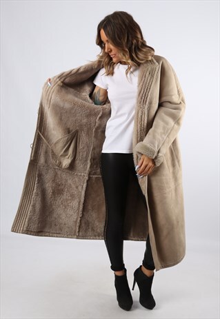 SHEEPSKIN SUEDE LEATHER SHEARLING COAT UK 16 (LH4D)