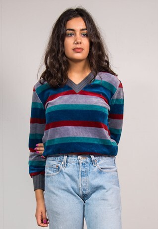 90'S VINTAGE STRIPE PATTERN VELOUR V-NECK JUMPER