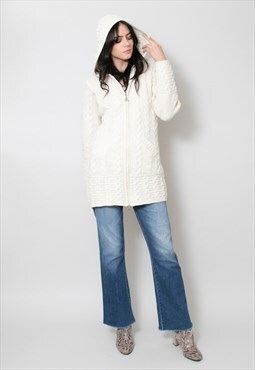 70's Vintage Ladies Cream Aran Hooded Long Zip Cardigan