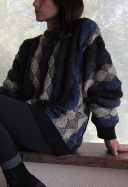 Black/blue/beige/brown/grey 3d jacquard wool blend pullover