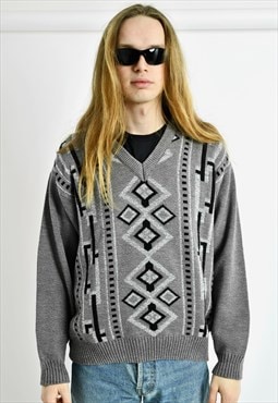 Vintage jumper 80s knit sweater men geometric grey retro 90s