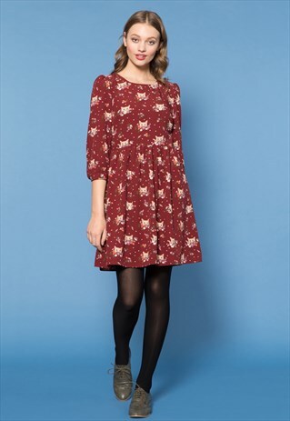 RED CAT FLOWER PRINT DRESS