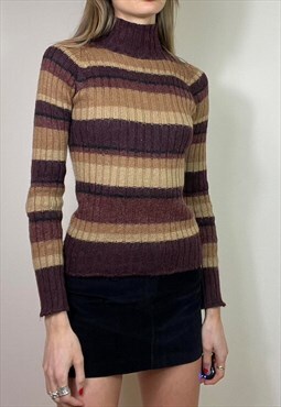 Vintage Y2K D&G Knitted Jumper Polo Neck Striped Brown