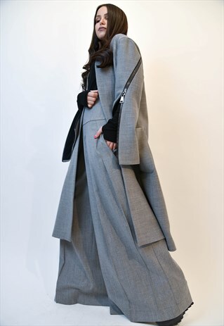 GREY PATCH POCKET LONG WOOL COAT/F1973