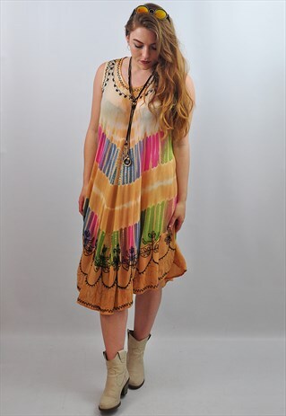VINTAGE INDIAN TIE DYE FESTIVAL SUMMER MINI DRESS