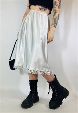 Vintage 90s Satin Lace Cottagecore White Midi Slip Skirt