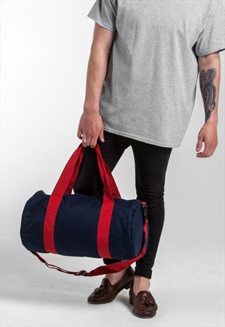 SHOULDER BARREL HOLDALL BACKPACK BAG - NAVY BLUE/RED