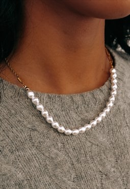Pearl Link 18k Gold Necklace Dainty Link Patterned Chain 