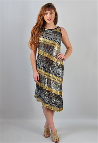 VINTAGE SEQUIN DRESS GATSBY ASYMMETRIC DESIGNER GOLD SILVER