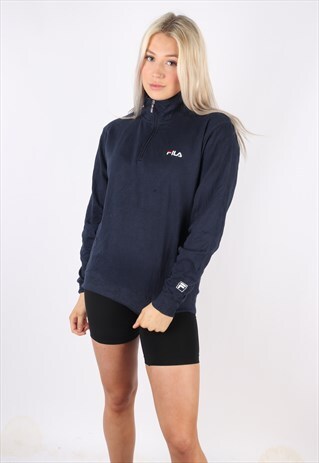 VINTAGE FILA 90S SWEATSHIRT 1/4 ZIP NAVY BLUE JUMPER UK 8