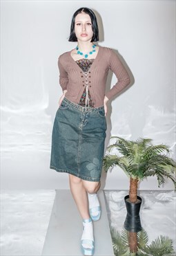 Vintage Y2K hibiscus print denim midi skirt in beige / blue