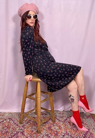 70S VINTAGE DRESS BLACK ABSTRACT PINK VALENTINES DAY DRESS