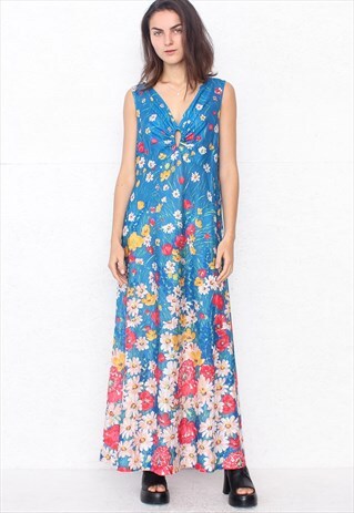 VINTAGE BLUE FLORAL SLEEVELESS MAXI DRESS