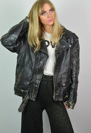VINTAGE 70S BLACK LEATHER OVERSIZED MOTORCYCLE BIKER JACKET