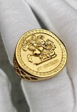 Gold St Geore Sovereing Signet Ring For Men, 18K Gold Rings