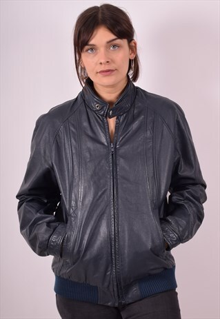 WOMENS VINTAGE LEATHER JACKET MEDIUM BLUE 90S