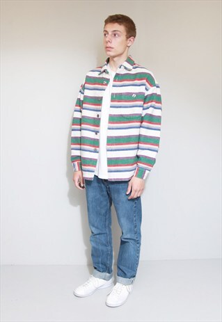 VINTAGE 1990'S RED & GREEN STRIPED THICK COTTON SHIRT
