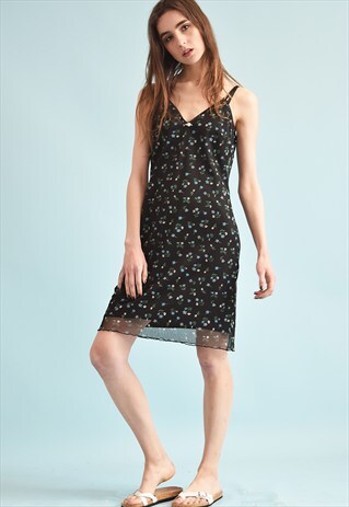 90'S RETRO KITSCH FLORAL PRINT MOMS MIDI MESH DRESS