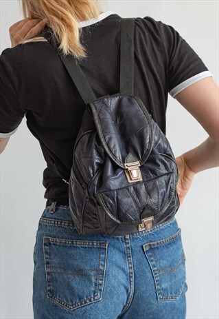 VINTAGE 90S GRUNGE LEATHER RUCKSACK IN BLUE PATCHES