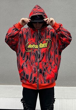 Red Flame Graphic Cotton oversized Zip Up Hoodie